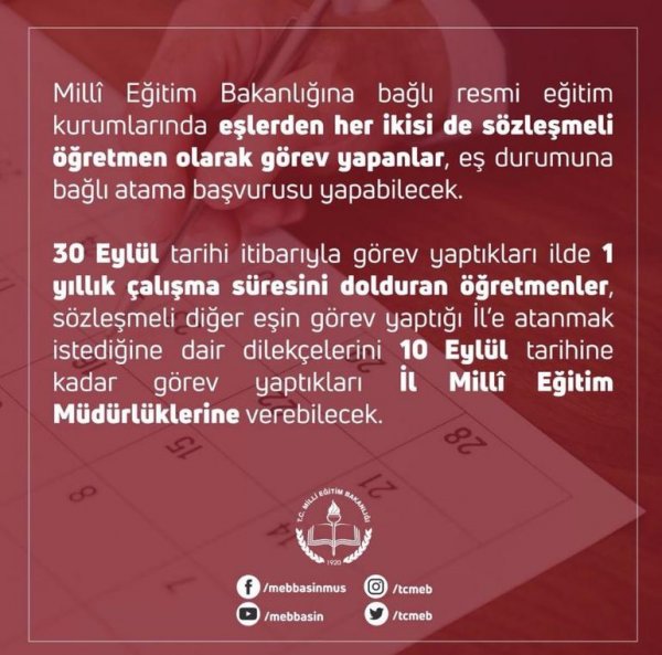 Sözleşmeli öğretmenlere eş durumu atama müjdesi