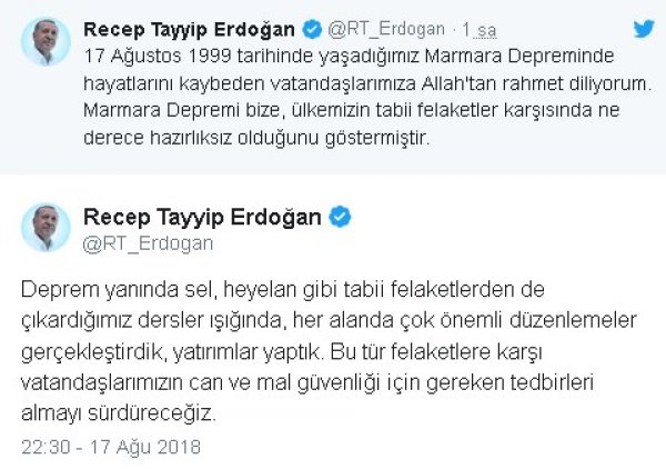 Başkan Erdoğan'dan 17 Ağustos mesajı