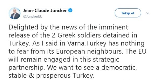 Juncker Yunan askerlerin özgürlük kalmasından hoşnut