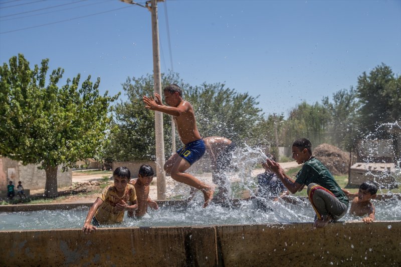 Şanlıurfalı çocuklar sulandırma kanalında eğleniyor