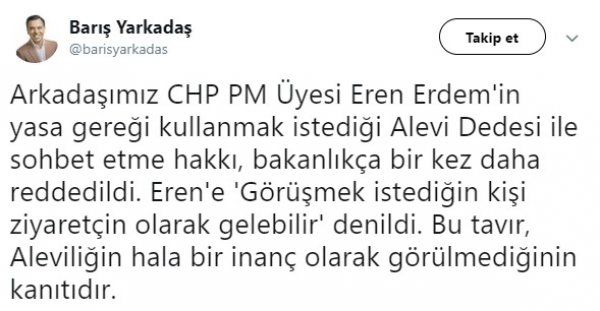 Eren Erdem'in Alevi dedesiyle görüşme ricası