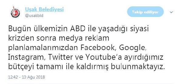 Uşak Belediyesi'nin 'ABD' tepkisi