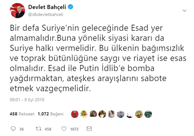 Bahçeli: ‘Suriye’nin Geleceğinde Esad Yer Almamalıdır’