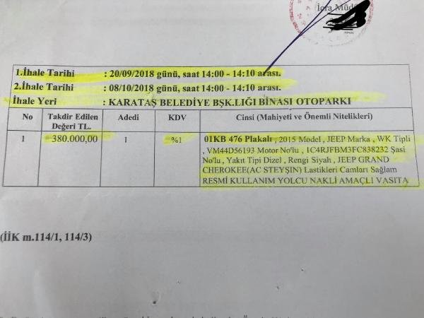 Karataş Belediyesi'nin makam arabulucu haczedildi