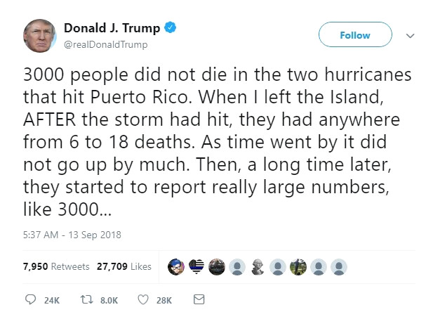 Trump: 'Porto Rico'da 3 Bin Kişi Ölmedi'